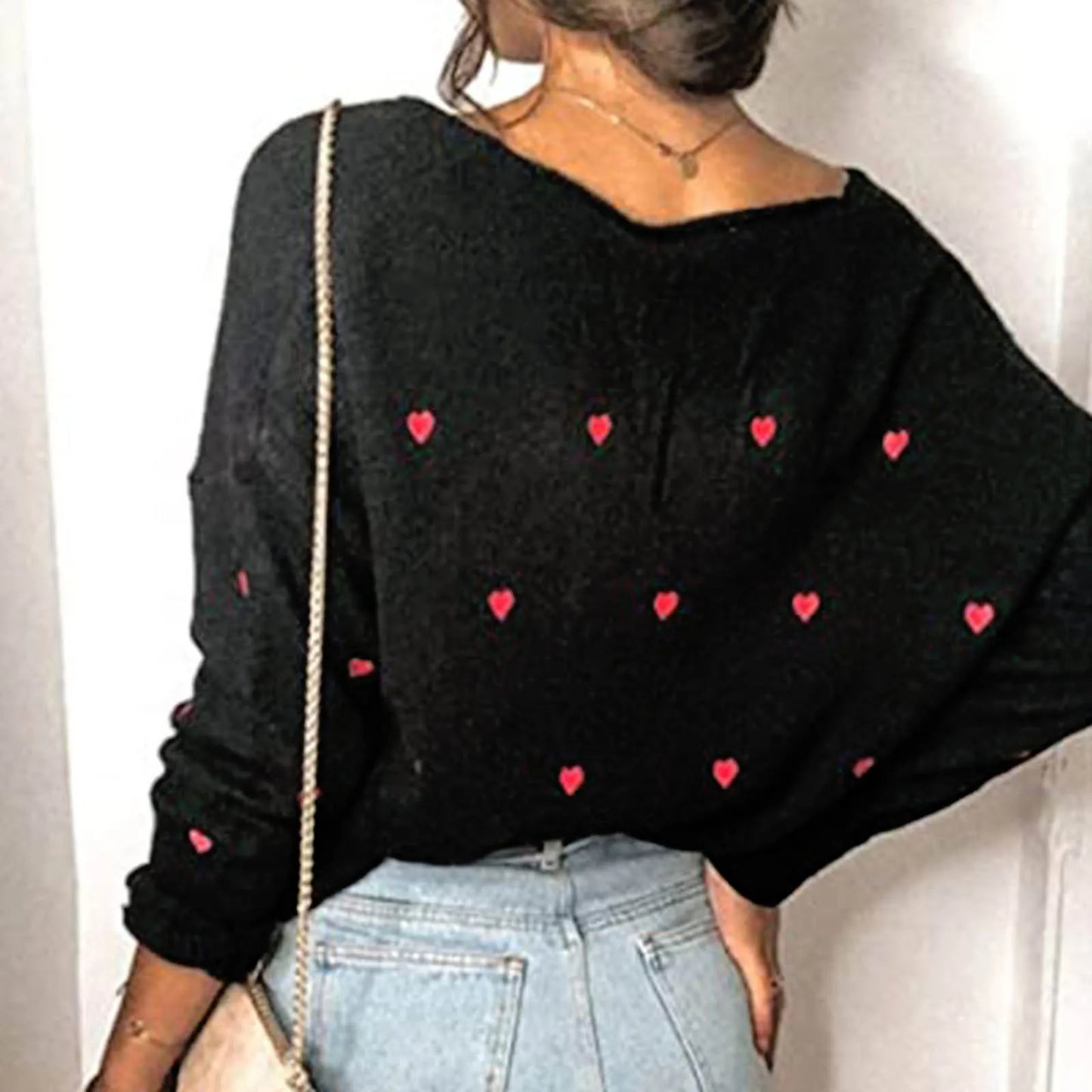 2023 Elegant V Neck Embroidery Heart Sweater Women Pullover Knitwear Autumn Winter Loose Korean Style Long Sleeve Sweaters