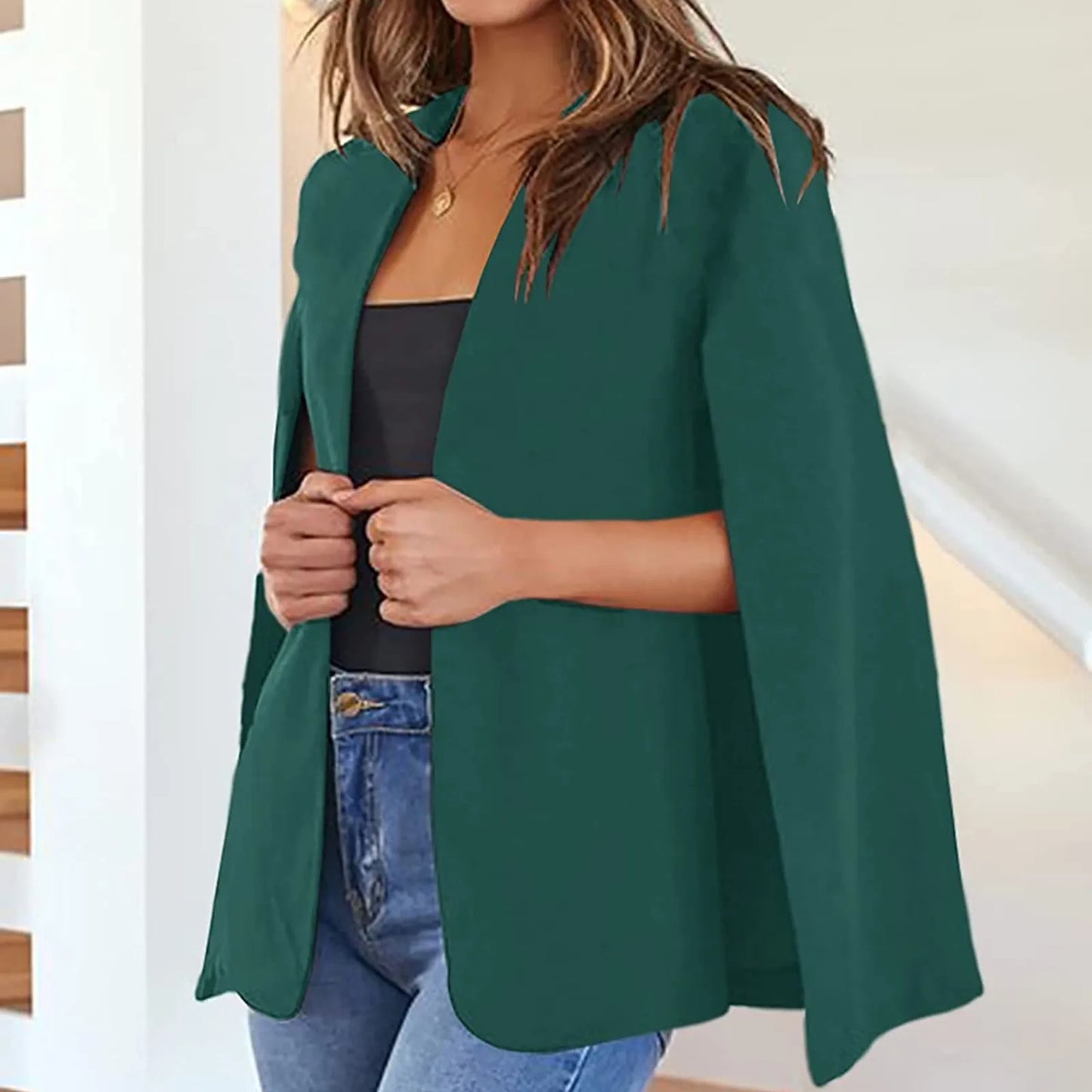 Fashion Cloak Cape Lapel Blazer Cardigan Women Coat OL Long Sleeve Pockets Solid Casual Suit Jacket Workwear Outwear For Female