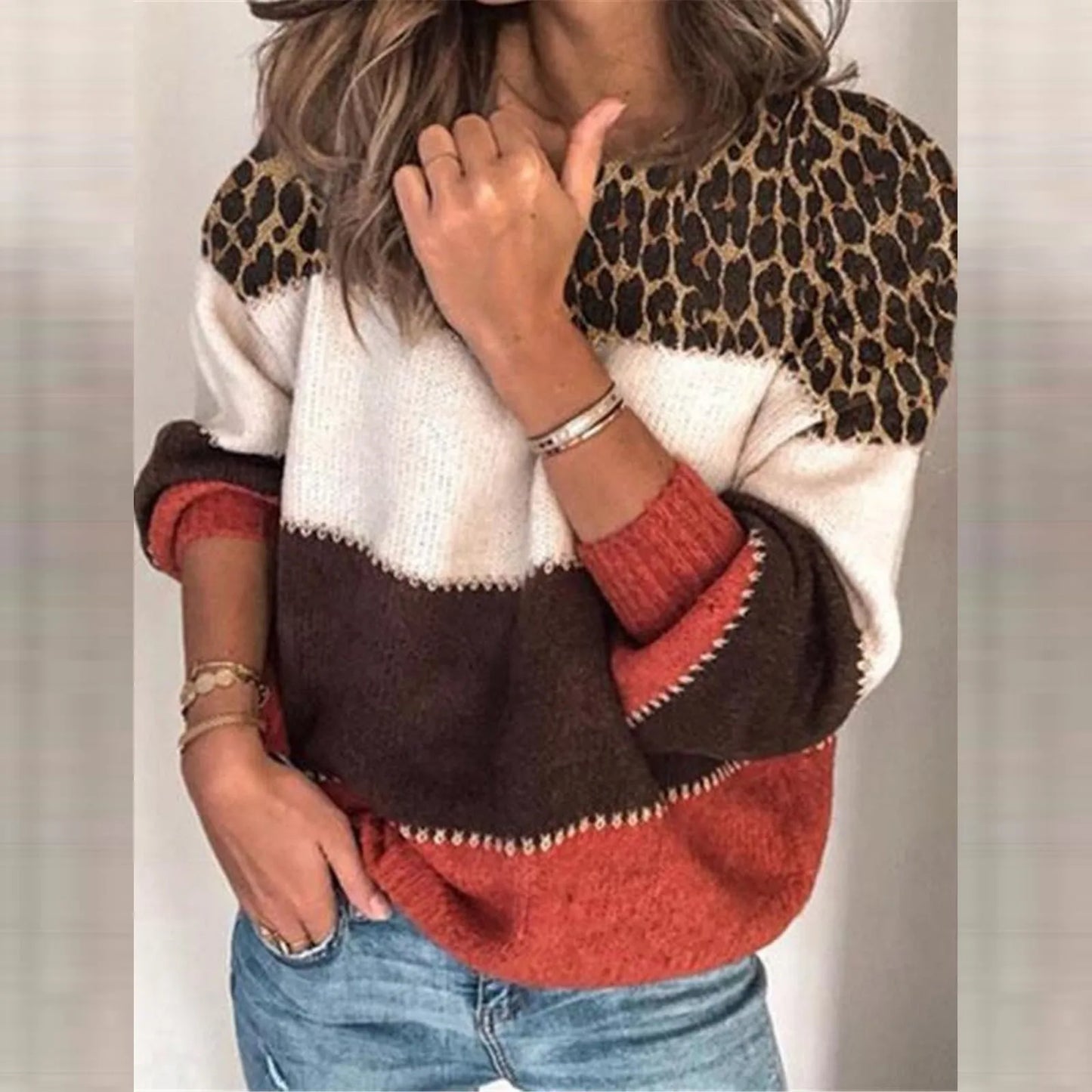 2024 New Leopard Patchwork Sweater Women Loose Casual Knitted Pullovers Autumn Soft Knitwear Female Jumper Pull Femme Hiver