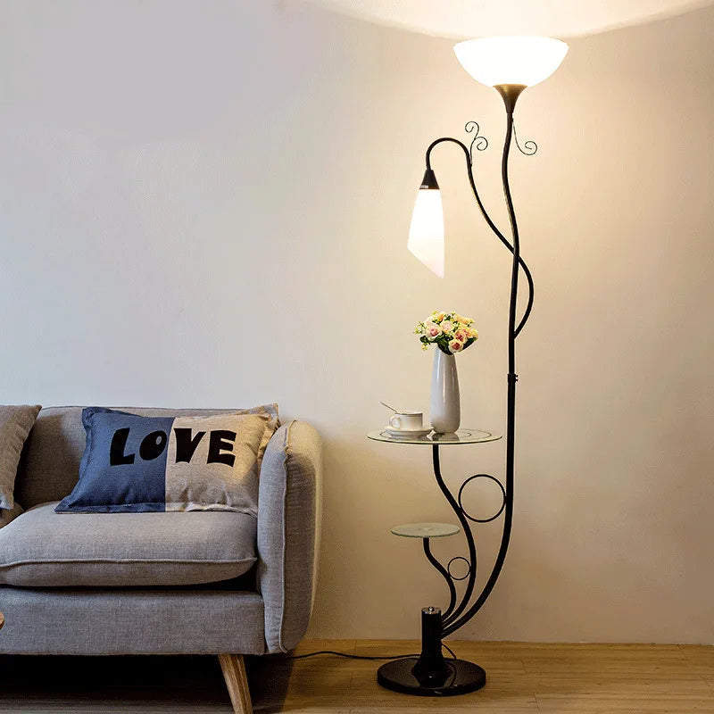 Kobuc Floor Lamps Standing Light with Wood Table for Living Room Bedside Flower Glass Lampshade Art Decor Corner Standing Lamp