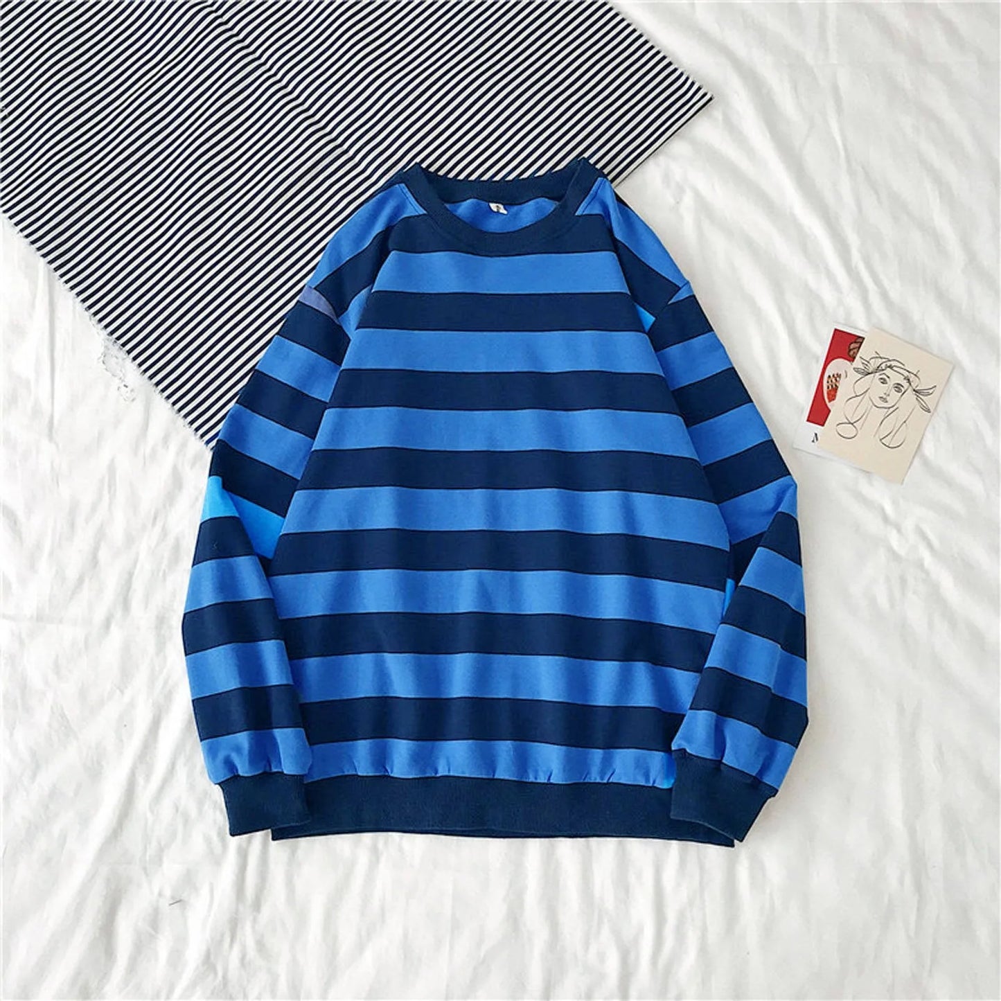 Korean Fashion Striped Printed Hoodies Blouse Women Girls Harajuku Crewneck Oversized Hoodie Autumn Basic Sweatshirts Moletom