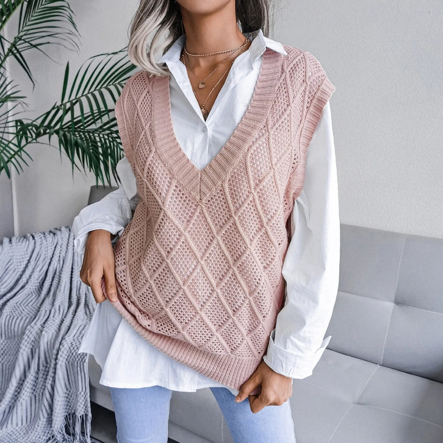 Sleeveless V-neck Knitted Vest Women's Sweater Autumn Winter New Korean Loose Wild Sweater Vest Solid Blue Traf Sweaters Pull