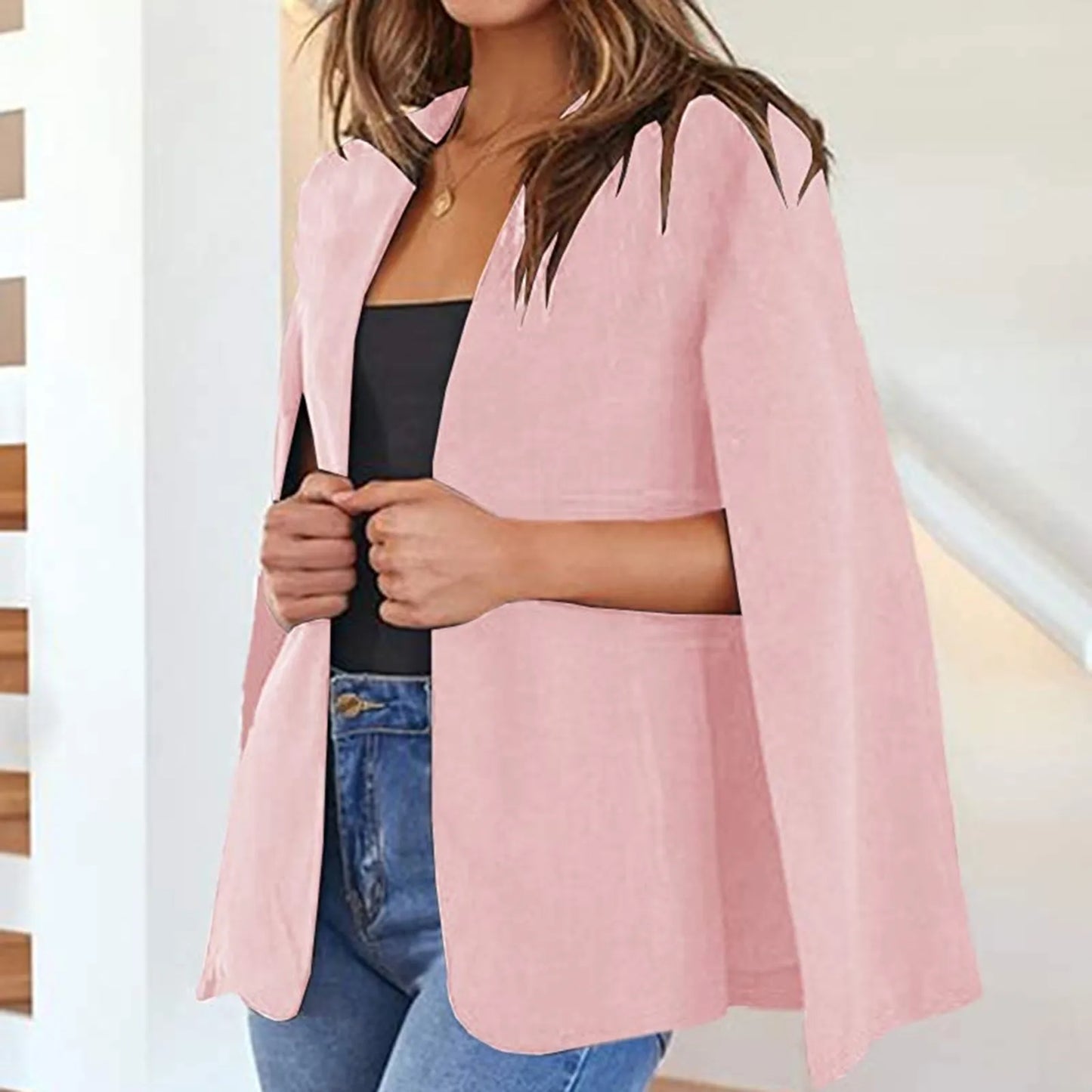 Fashion Cloak Cape Lapel Blazer Cardigan Women Coat OL Long Sleeve Pockets Solid Casual Suit Jacket Workwear Outwear For Female