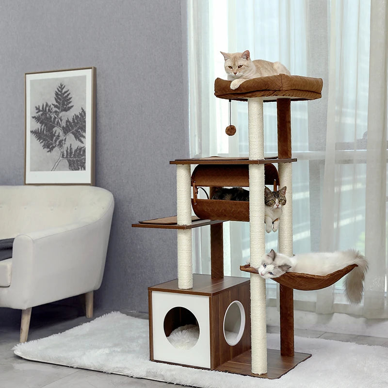 Luxury Cat Tree House Tower with Cabinet Solid Wood Cat Tree Posting Toy Multi-Level Kitten Cat Condo rascador gato arbre à chat