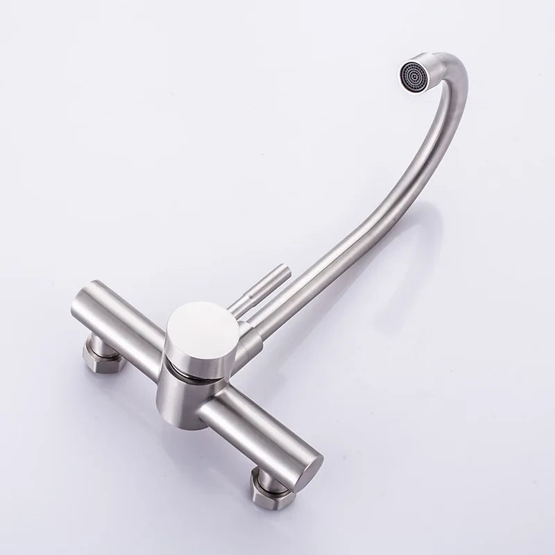 304 Stainless Steel Kitchen Wall-mounted Sink Faucet Double Hole Rotatable Hot and Cold Dish Sink Dish Sink Tap