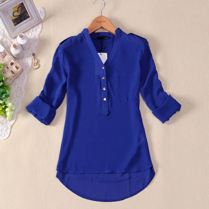 Elegant Chiffon Blouse Women V-neck Long Sleeve Casual Shirt Blouse Solid Color Formal Shirt Cardigan Button Blouse For Women