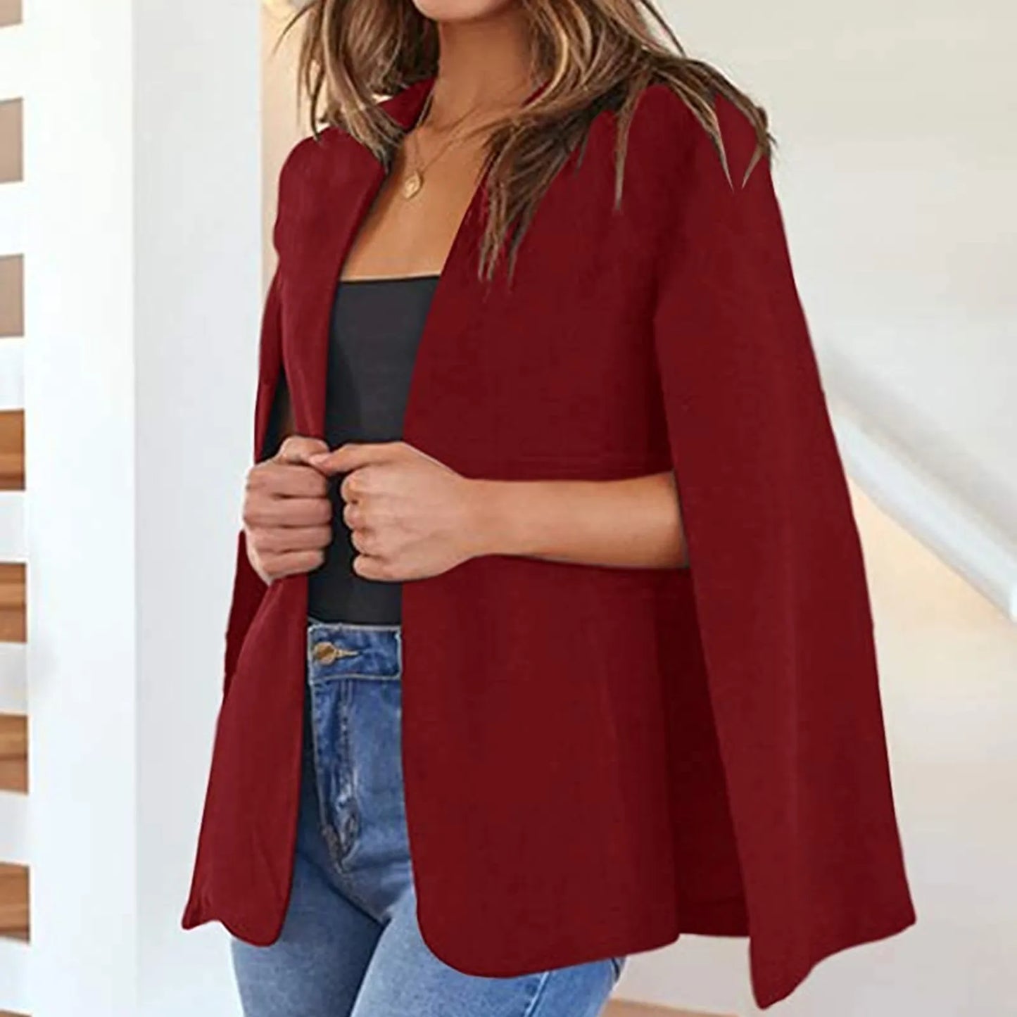 Fashion Cloak Cape Lapel Blazer Cardigan Women Coat OL Long Sleeve Pockets Solid Casual Suit Jacket Workwear Outwear For Female