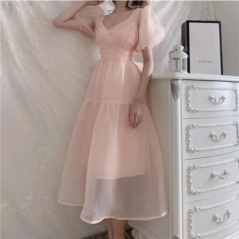 Elegant Designer Dress Women French Pink Bandage Dress Casual Puff Sleeve Slim Lace Chiffon Dress 2020 Autumn Women's Clothing