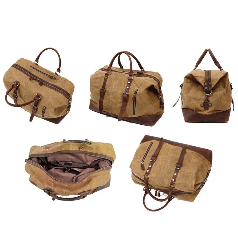 Oil Wax Canvas Weekend Bags Men Women's Large Travel Bags Waterproof Beach Bag Hanging Luggage Bag Vintage Duffle Bag Shoulder