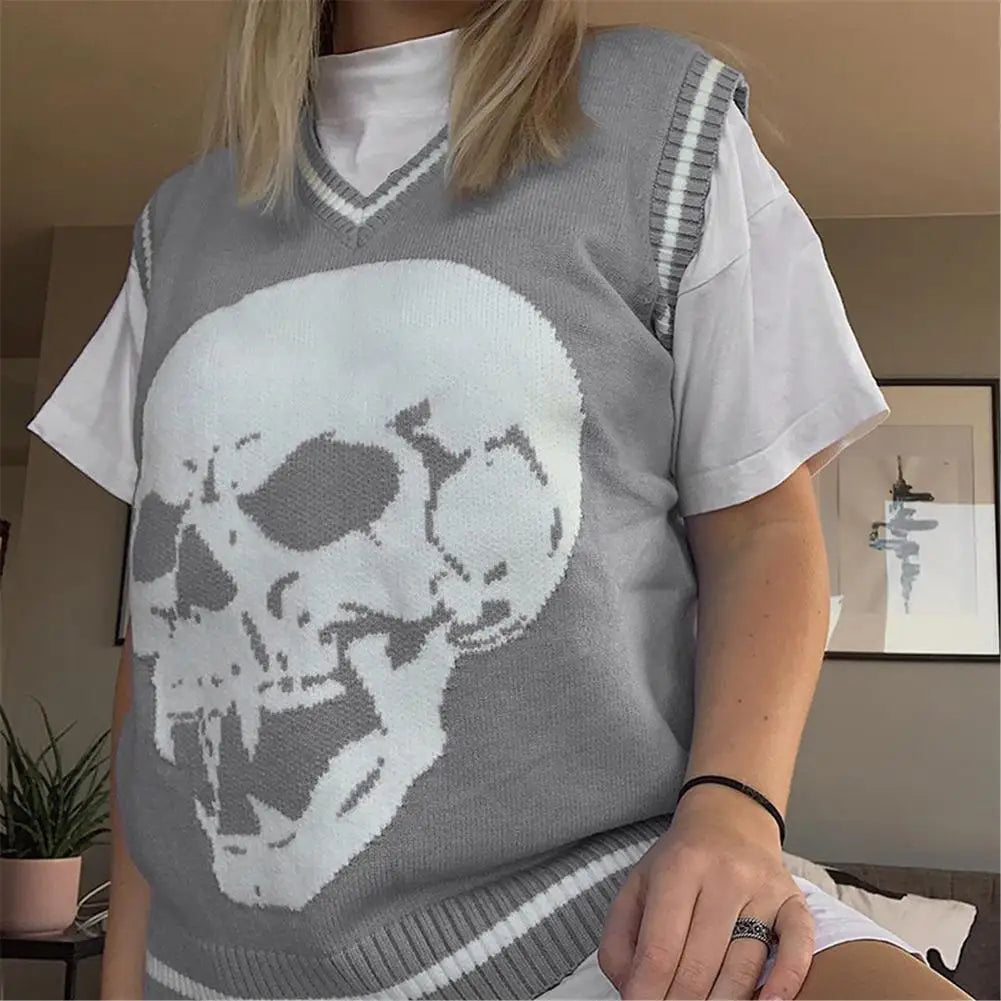 2021 Autumn Women Retro Streetwear Knit Tops Y2K Sweater Vest Skull Printed Pullovers V Neck Blue Knitwear Loose Casual Tank Top