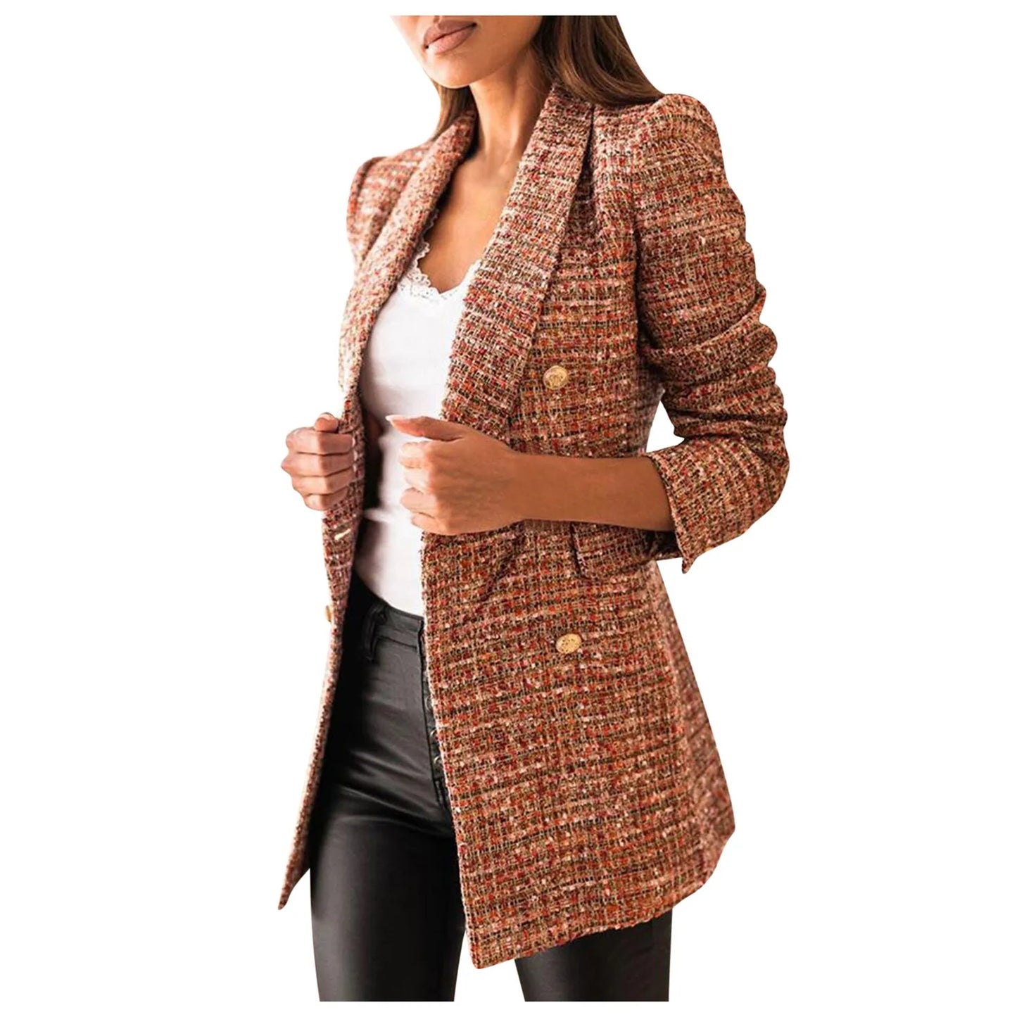 Womens Plaid Blazer Autumn Winter Tweed Loose Double Breasted Checked Jacket Women Clothing Long Coat Plus Size 3XL пальто