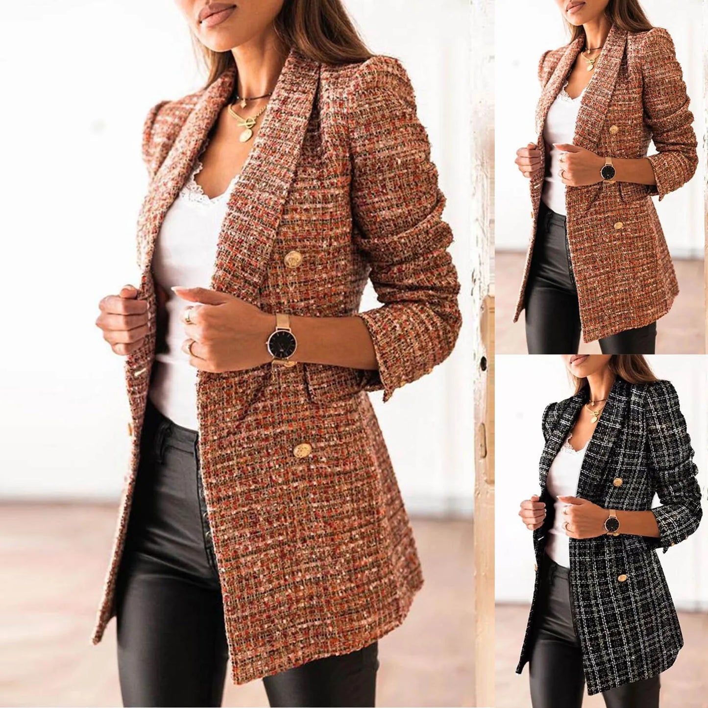 Womens Plaid Blazer Autumn Winter Tweed Loose Double Breasted Checked Jacket Women Clothing Long Coat Plus Size 3XL пальто