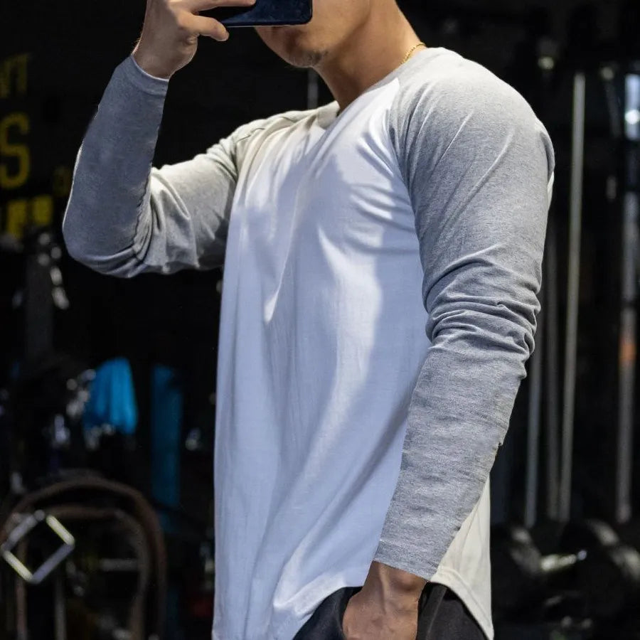 Men Cotton Tshirt Long Sleeve Patchwork Shirt Bodybuilding Curved Hem Workout Fitness T-shirt Mens Clothing