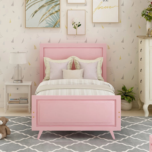 Wood Platform Bed Twin Bed Frame Foundation with Headboard and Wood Slat Support White Pink[US-Depot]