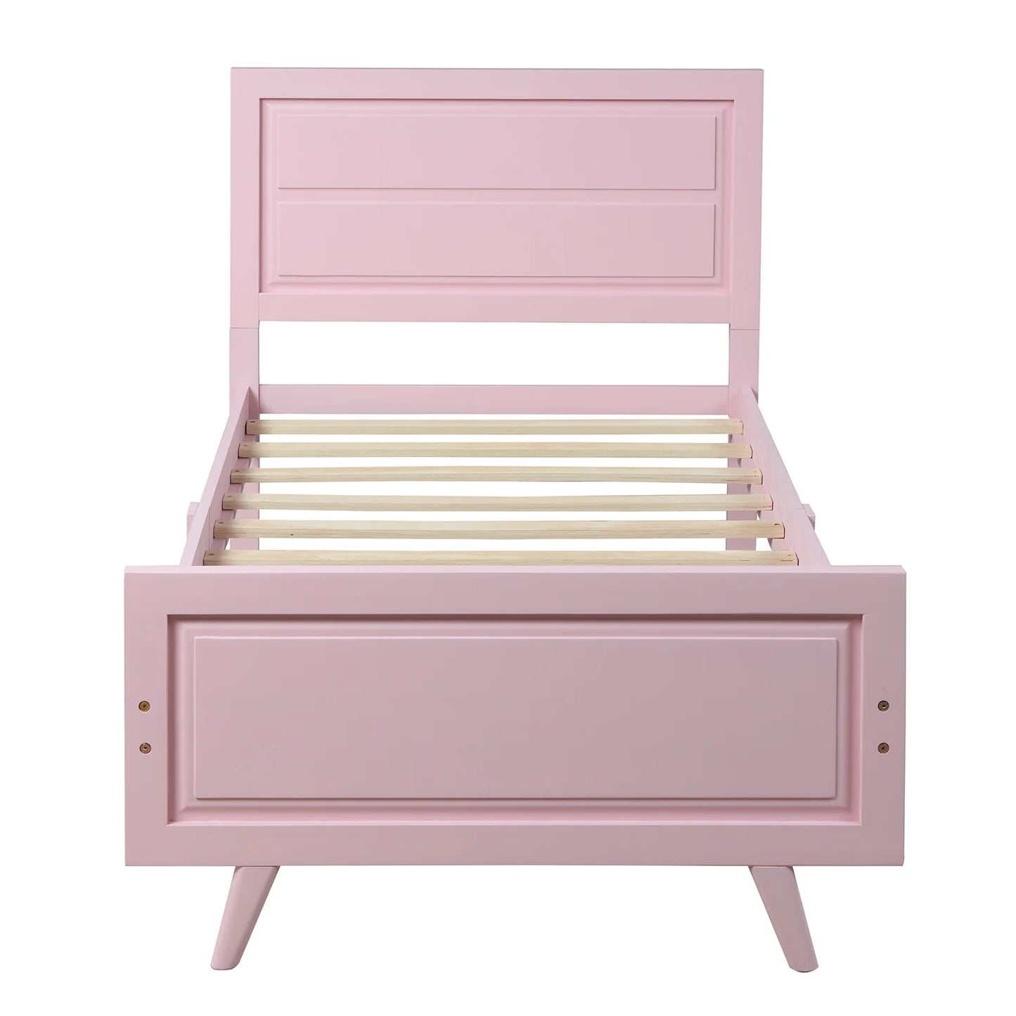 Wood Platform Bed Twin Bed Frame Foundation with Headboard and Wood Slat Support White Pink[US-Depot]