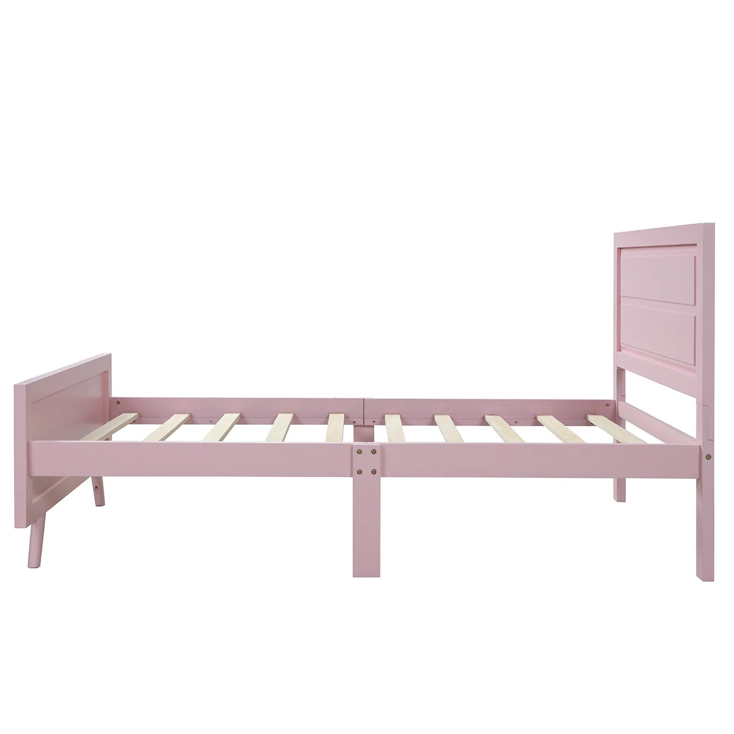 Wood Platform Bed Twin Bed Frame Foundation with Headboard and Wood Slat Support White Pink[US-Depot]