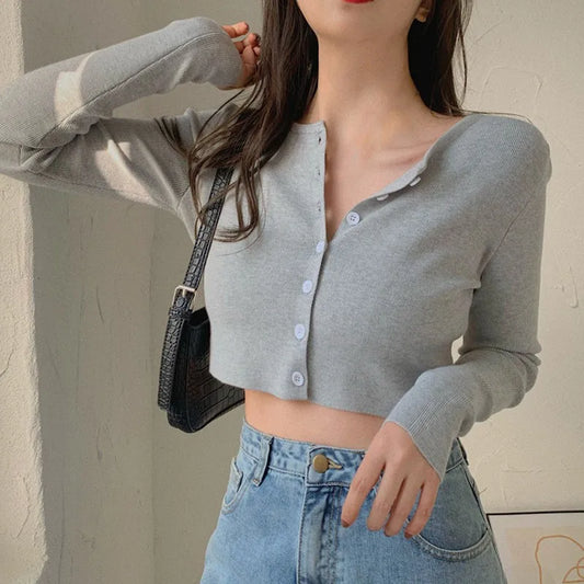 Thin Women's Knitted Cardigan Sexy Solid Color T-shirt Crop Trendy Casual Long Sleeve Women T shirt