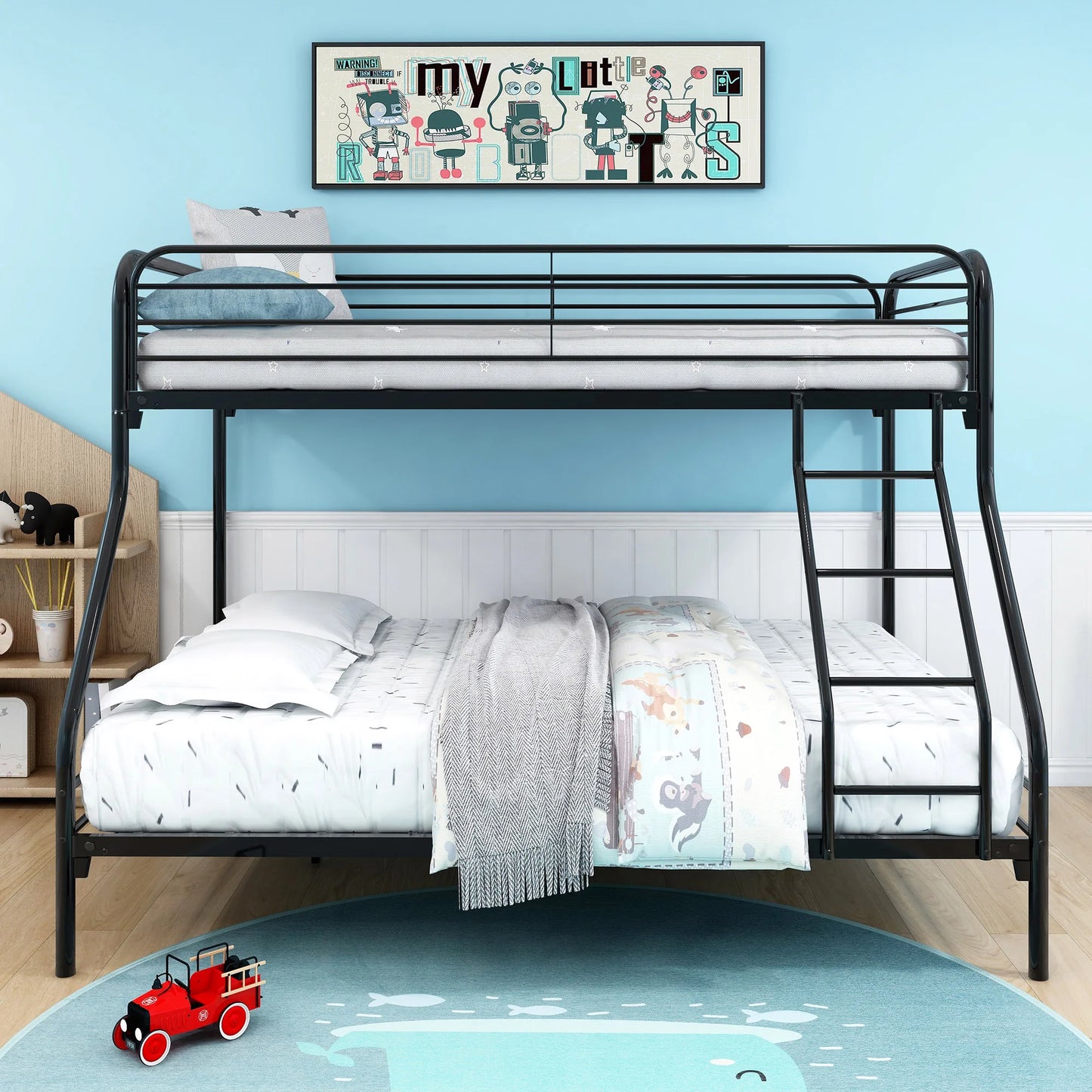 Twin-Over-Full Bunk Metal Bed Frame Closed Upper Bunk With Inclined Ladder Black[US-Stock]