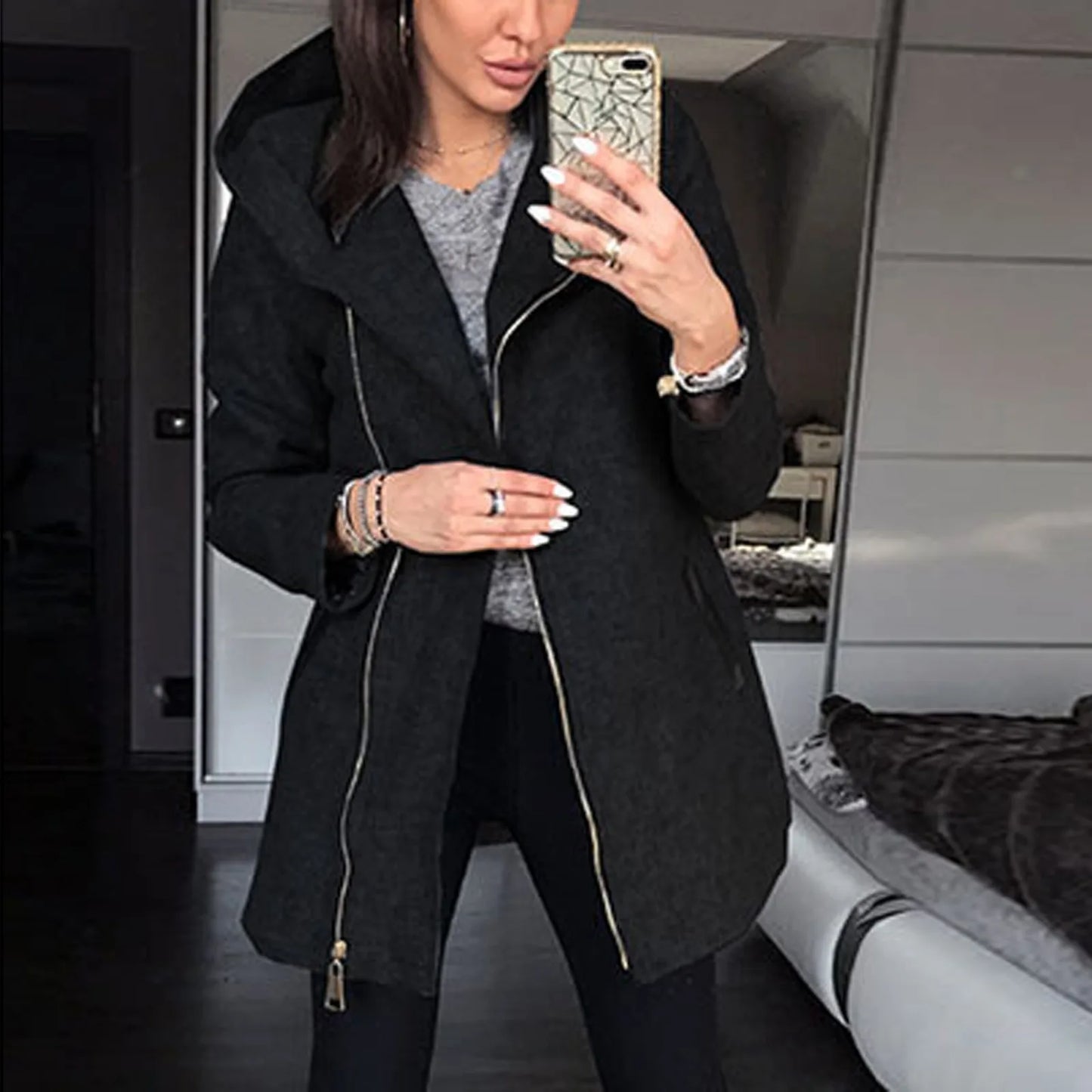 Women Leisure Fashion Side Zipper h Loose Coat Hooded Jackets Autumn And Winter Female Casual New Coat Top clothes Mujer