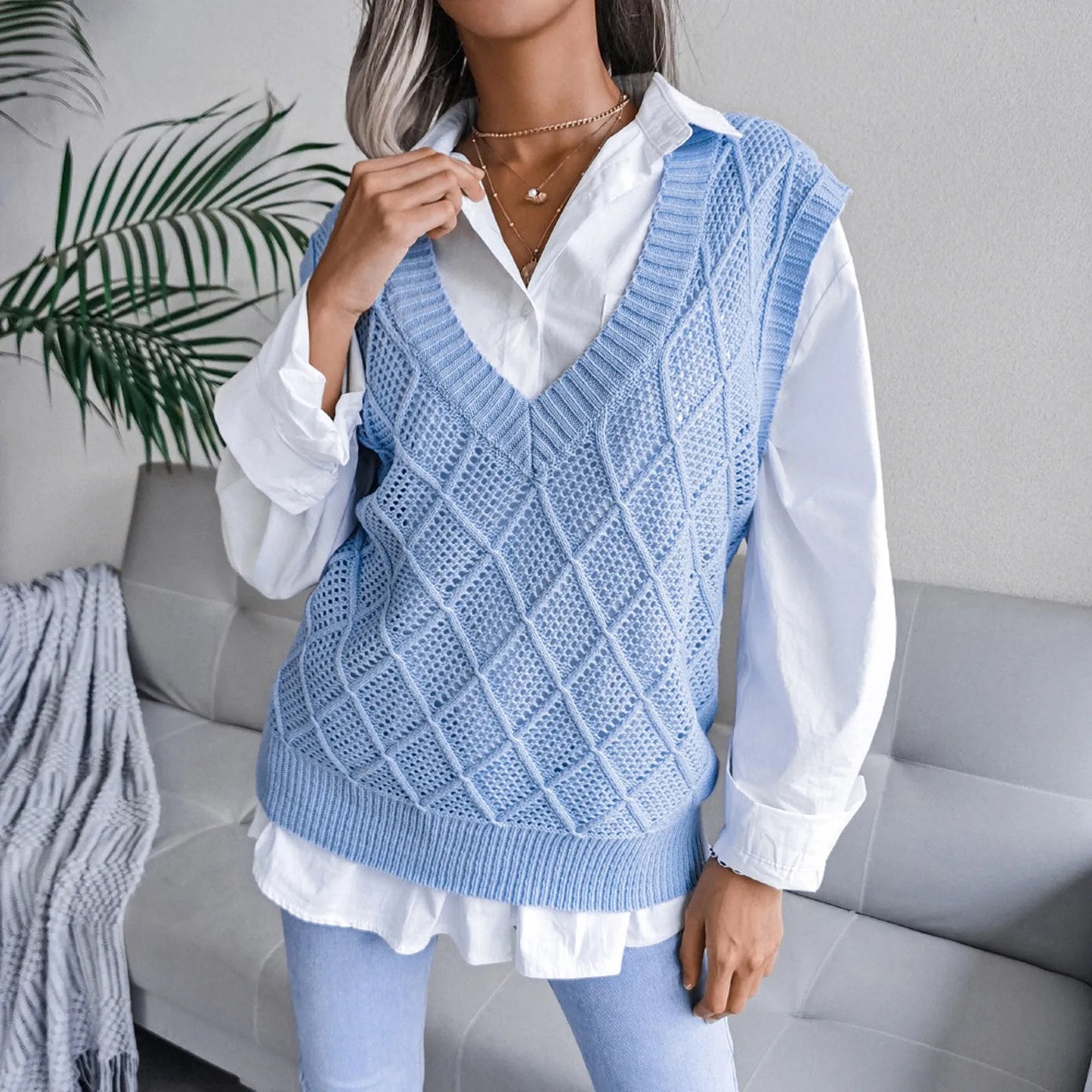 Sleeveless V-neck Knitted Vest Women's Sweater Autumn Winter New Korean Loose Wild Sweater Vest Solid Blue Traf Sweaters Pull