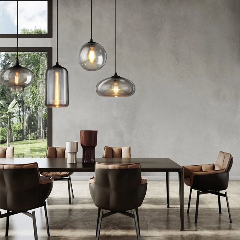 Retro Nordic Design LED Pendant Lamp For Dining Room Kitchen Table Bar Bedroom Art Black Gray Glass E27 Ceiling Chandelier Light