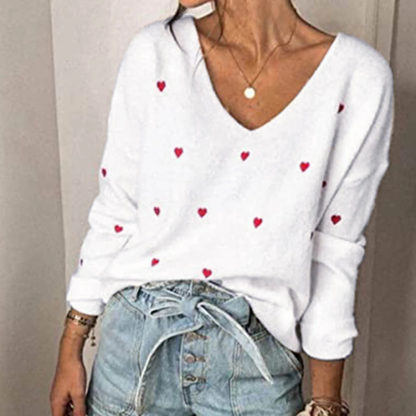 2023 Elegant V Neck Embroidery Heart Sweater Women Pullover Knitwear Autumn Winter Loose Korean Style Long Sleeve Sweaters