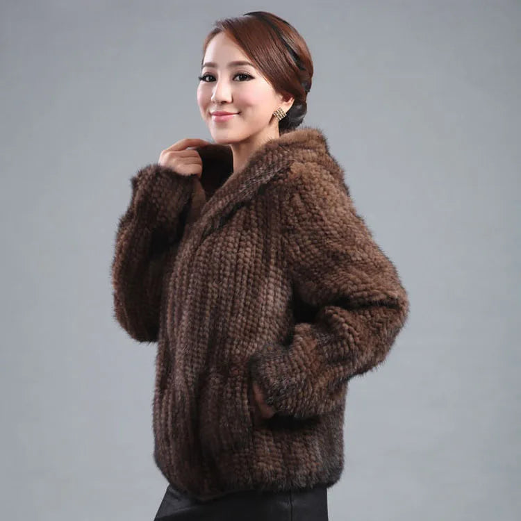 New mink fur coat women's long-sleeve top fashion all-match Mink knit jacket mink knitted fur coat Free shipping