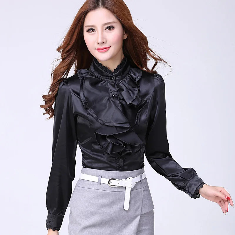 Shirts Women's Blouses Summer Shirts Elegant Ruffled Collar Office Lady Tops For Women White Black Women's Clothing 2021 Blusas