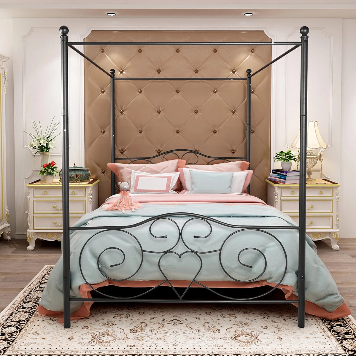 Queen/Full/Twin 2 Sizes Metal Canopy Bed Frame W/ Vintage Style Headboard&Footboard Sturdy Steel Holds 400lbs Easy DIY Assembly