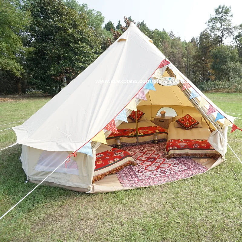 Outdoor Waterproof Luxury 4M Cotton Canvas Bell Tent With Stove Hole For 3-5 Persons Traveling Hotle Glamping