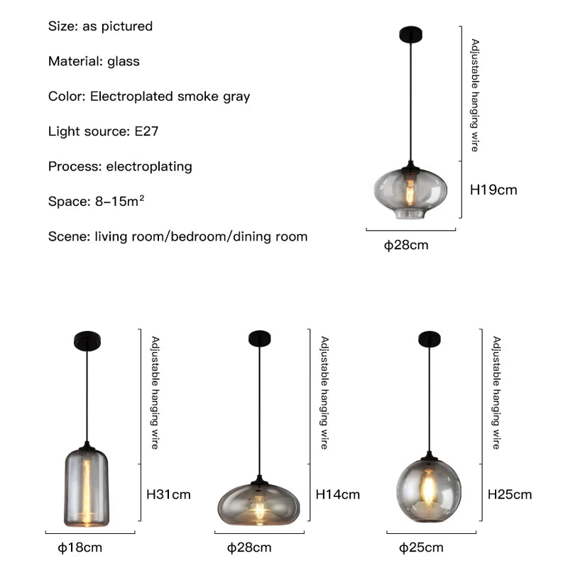 Retro Nordic Design LED Pendant Lamp For Dining Room Kitchen Table Bar Bedroom Art Black Gray Glass E27 Ceiling Chandelier Light