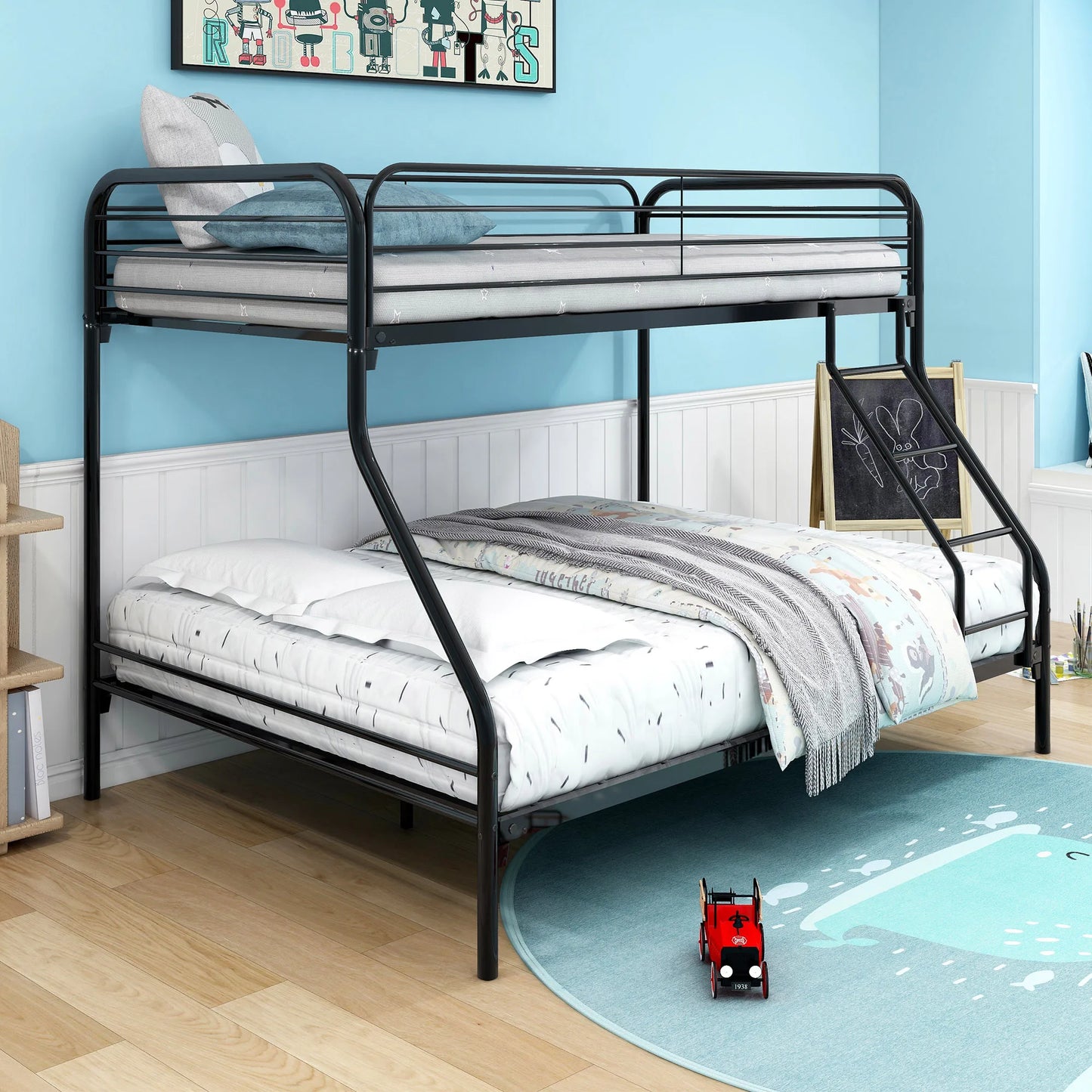 Twin-Over-Full Bunk Metal Bed Frame Closed Upper Bunk With Inclined Ladder Black[US-Stock]