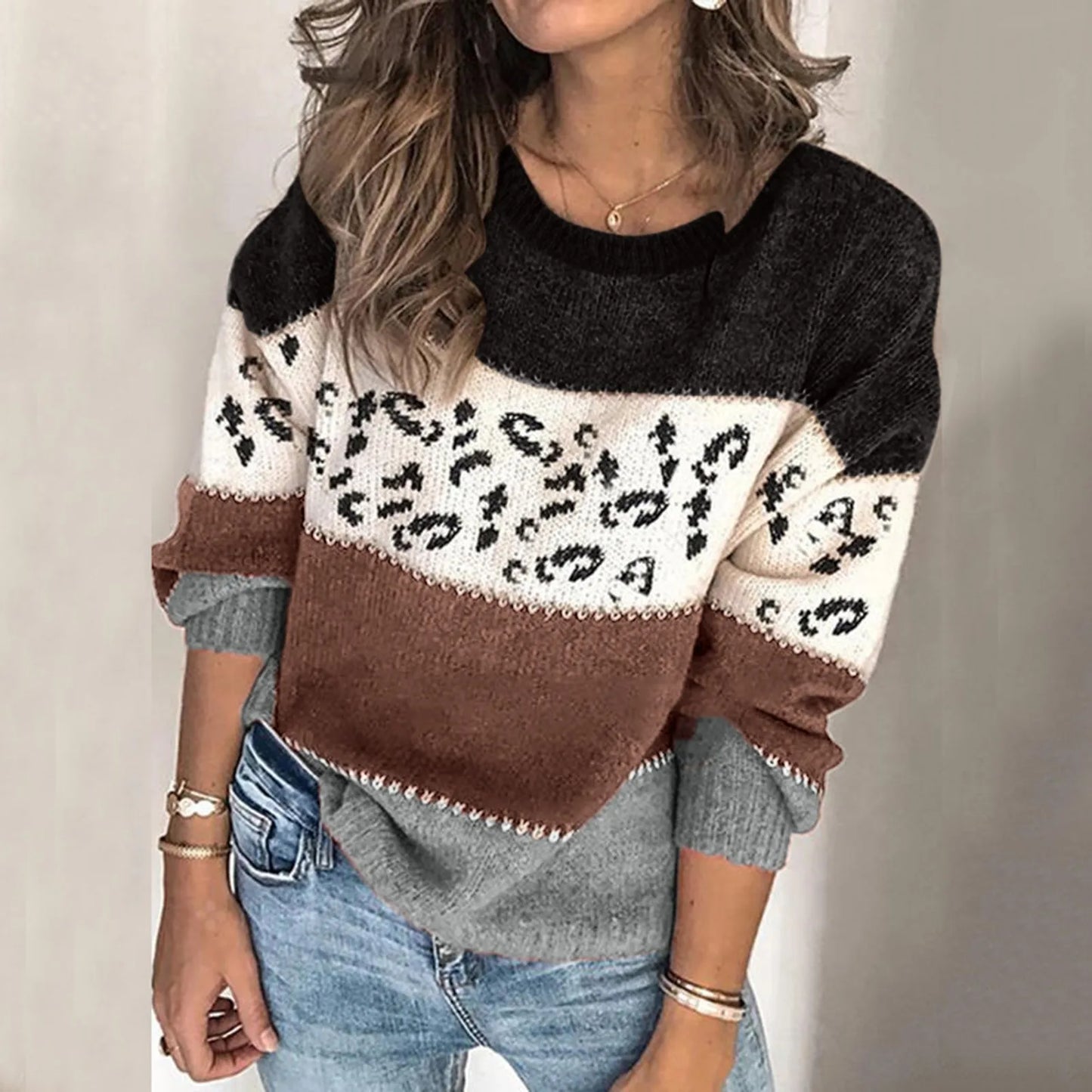 2024 New Leopard Patchwork Sweater Women Loose Casual Knitted Pullovers Autumn Soft Knitwear Female Jumper Pull Femme Hiver