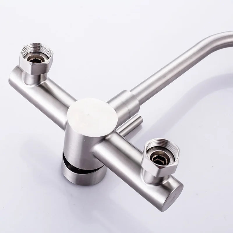 304 Stainless Steel Kitchen Wall-mounted Sink Faucet Double Hole Rotatable Hot and Cold Dish Sink Dish Sink Tap