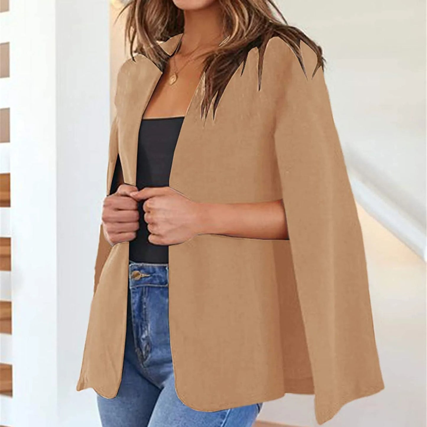 Fashion Cloak Cape Lapel Blazer Cardigan Women Coat OL Long Sleeve Pockets Solid Casual Suit Jacket Workwear Outwear For Female