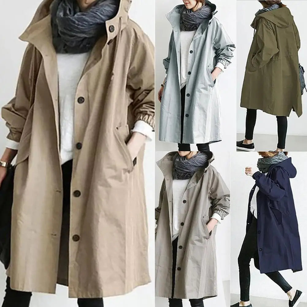 2020 Women Autumn Solid Color Pocket Hooded Windbreaker Long Trench Coat Outerwear Women's clothing женская куртка femme veste