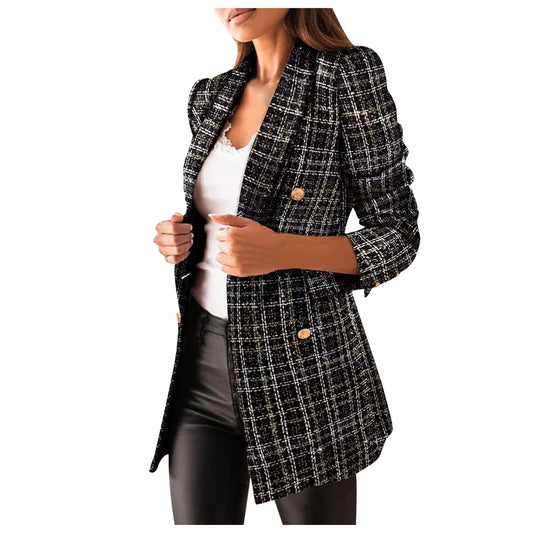 Womens Plaid Blazer Autumn Winter Tweed Loose Double Breasted Checked Jacket Women Clothing Long Coat Plus Size 3XL пальто