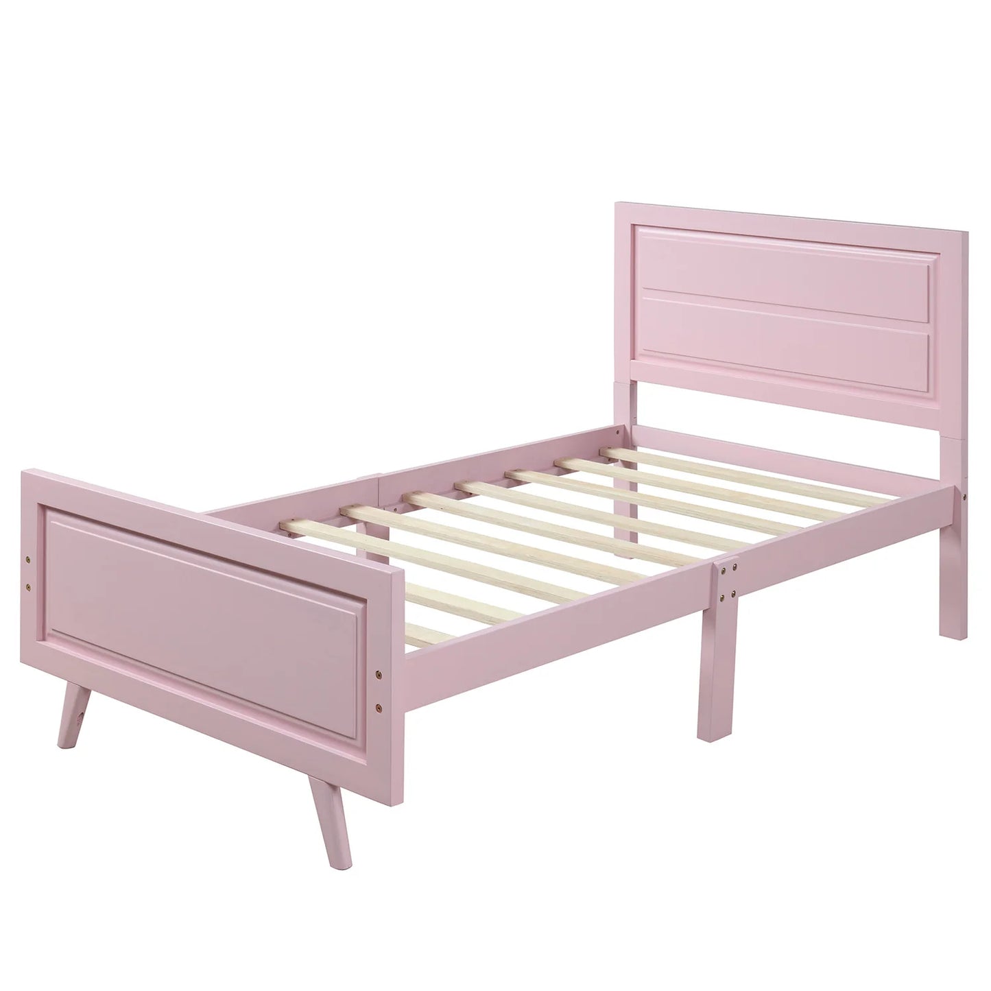 Wood Platform Bed Twin Bed Frame Foundation with Headboard and Wood Slat Support White Pink[US-Depot]