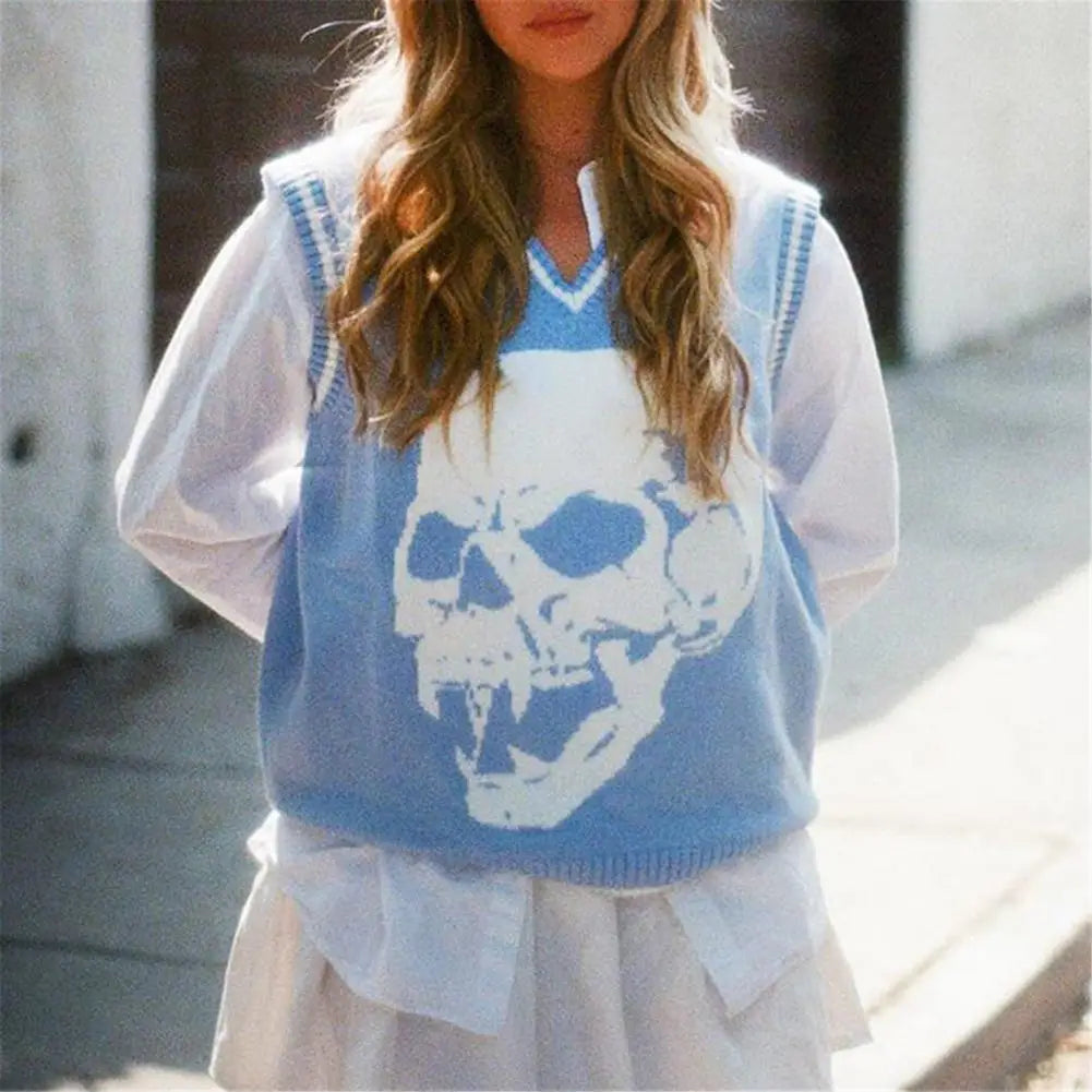 2021 Autumn Women Retro Streetwear Knit Tops Y2K Sweater Vest Skull Printed Pullovers V Neck Blue Knitwear Loose Casual Tank Top