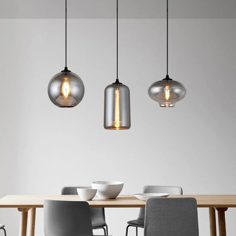 Retro Nordic Design LED Pendant Lamp For Dining Room Kitchen Table Bar Bedroom Art Black Gray Glass E27 Ceiling Chandelier Light