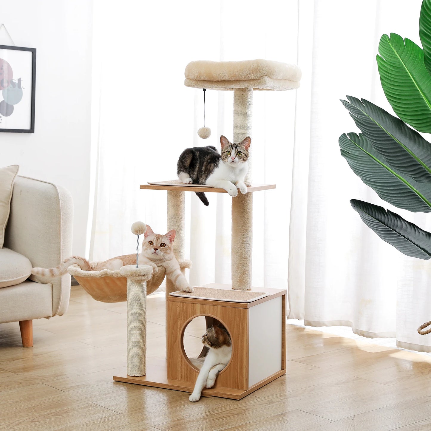 Luxury Cat Tree House Tower with Cabinet Solid Wood Cat Tree Posting Toy Multi-Level Kitten Cat Condo rascador gato arbre à chat