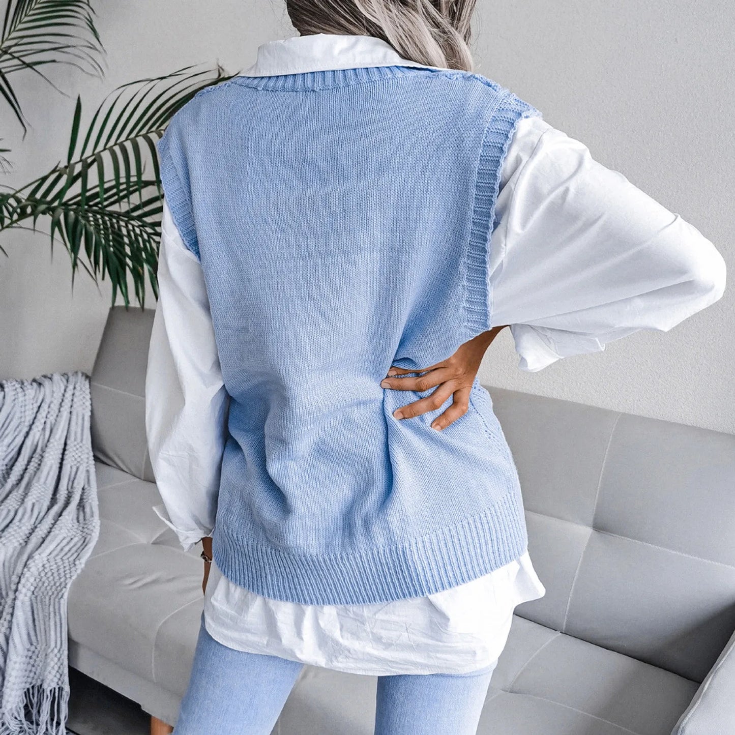 Sleeveless V-neck Knitted Vest Women's Sweater Autumn Winter New Korean Loose Wild Sweater Vest Solid Blue Traf Sweaters Pull