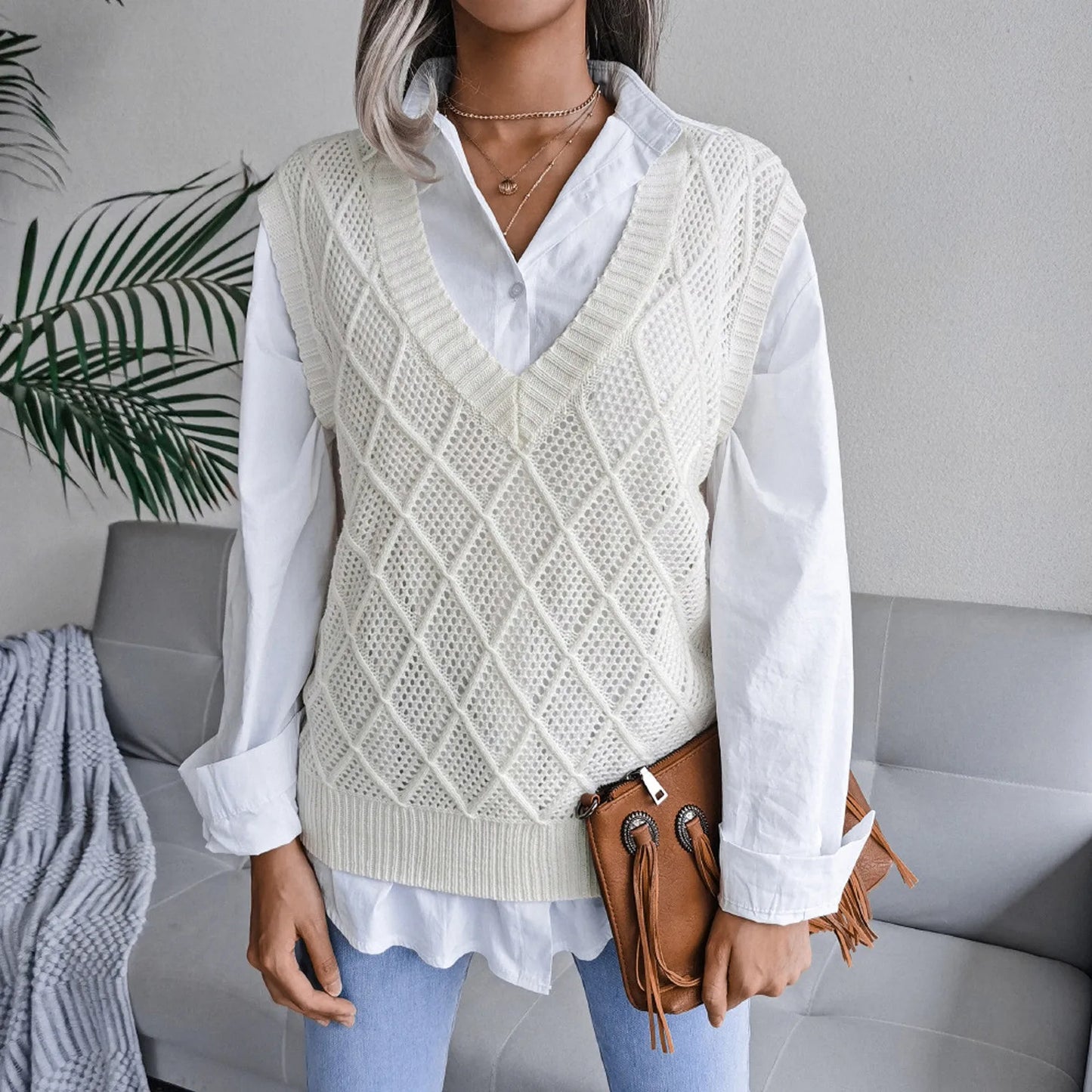 Sleeveless V-neck Knitted Vest Women's Sweater Autumn Winter New Korean Loose Wild Sweater Vest Solid Blue Traf Sweaters Pull