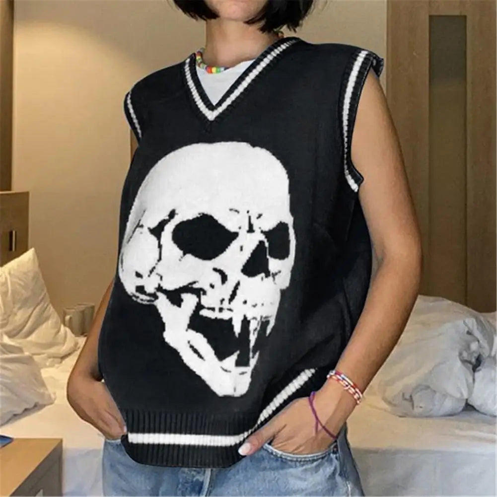 2021 Autumn Women Retro Streetwear Knit Tops Y2K Sweater Vest Skull Printed Pullovers V Neck Blue Knitwear Loose Casual Tank Top