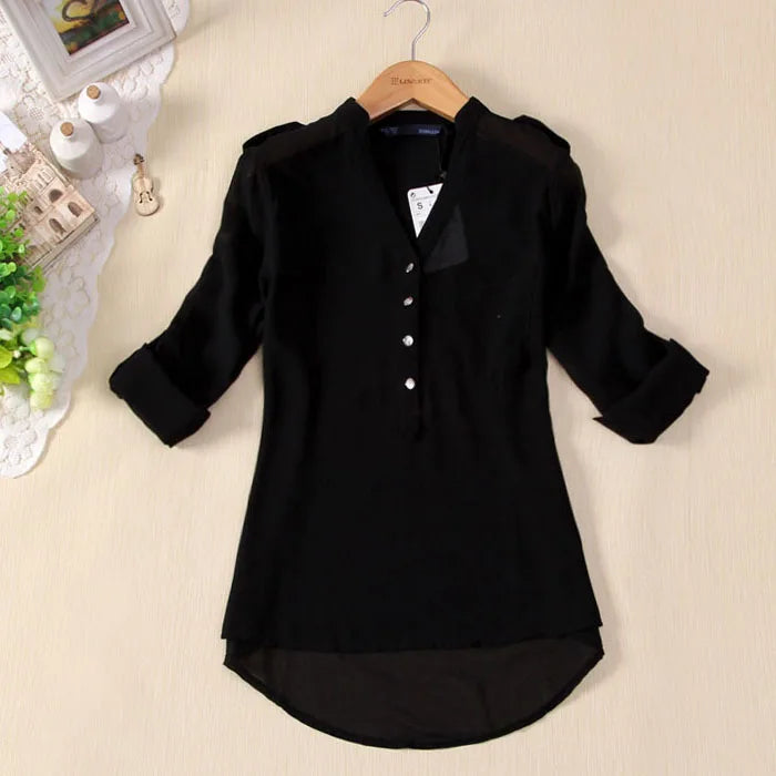 Elegant Chiffon Blouse Women V-neck Long Sleeve Casual Shirt Blouse Solid Color Formal Shirt Cardigan Button Blouse For Women