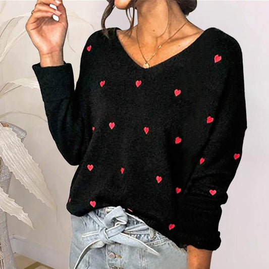 2023 Elegant V Neck Embroidery Heart Sweater Women Pullover Knitwear Autumn Winter Loose Korean Style Long Sleeve Sweaters