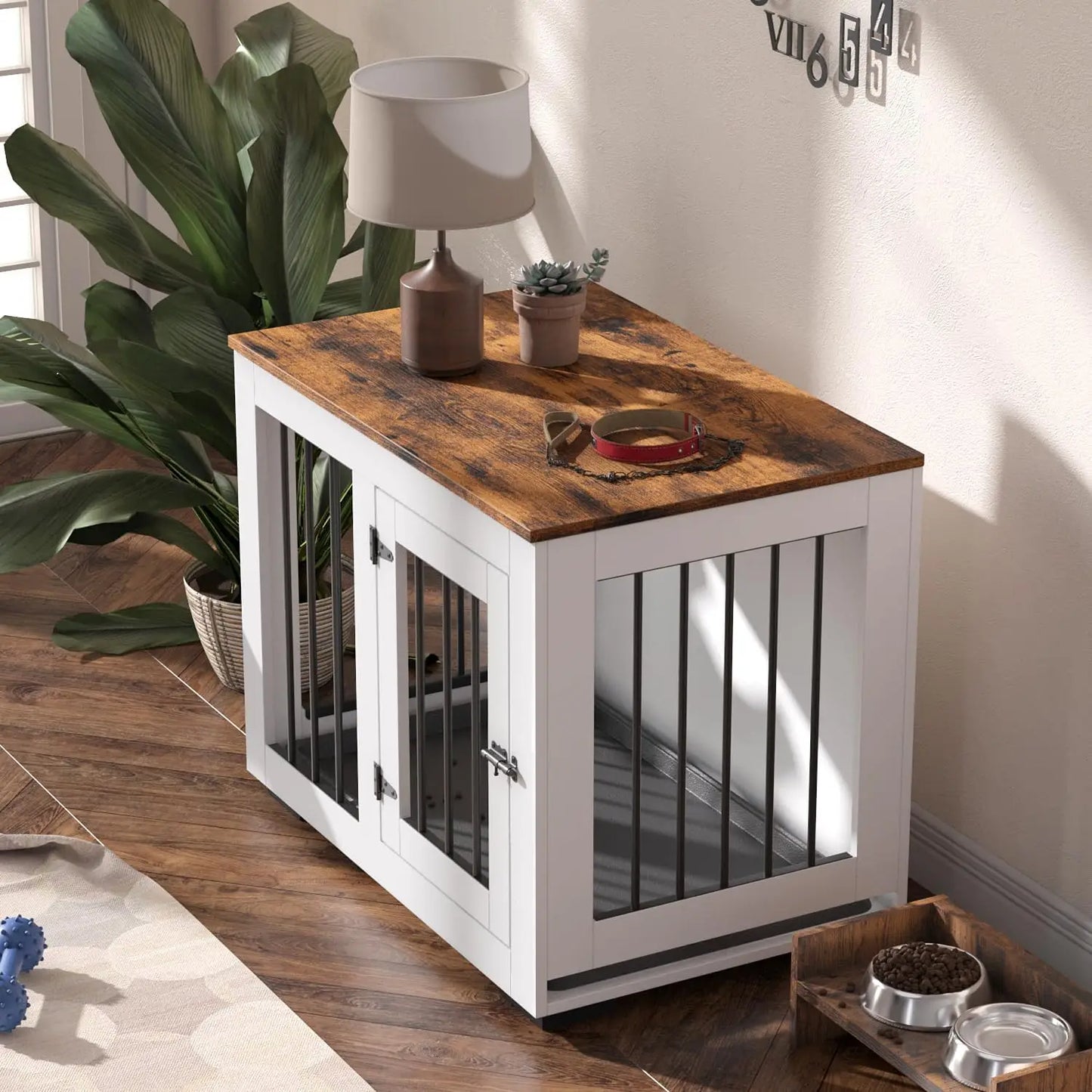 White Dog Crate Furniture for Medium Dogs Up to 40 lbs. - Decorative Puppy Kennel w/Wide Farmhouse Table Top & Steel Bar