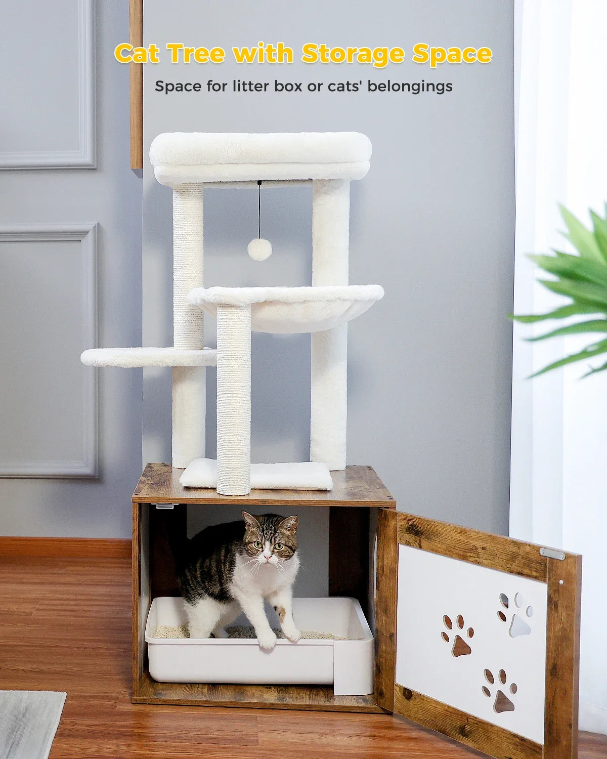 Large Cat Tree with Litter Box Enclosure, 117cm Rustic Brown, Spacious Perches & Hammock, Sturdy Structure, Multifunctional