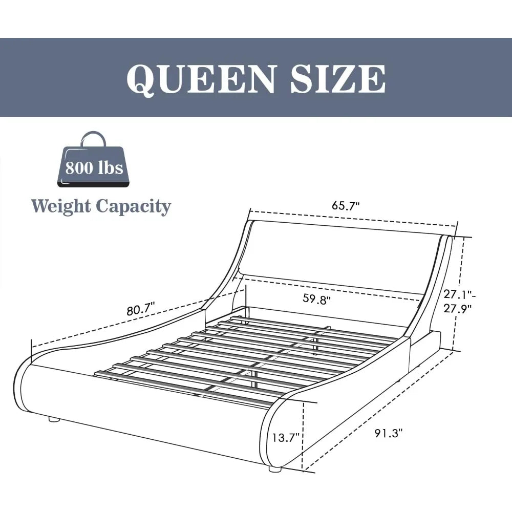 Bed, equipped with synthetic leather headboard, easy to assemble, padded large platform bed frame, modern slim sled bed