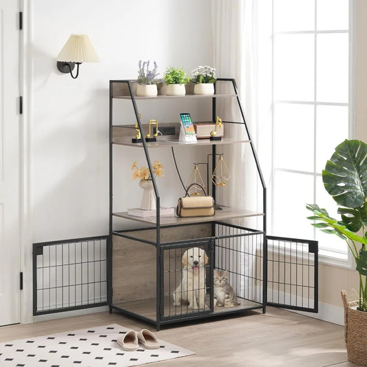 Dog kennel furniture with charging station, wooden kennel with adjustable storage shelves,indoor kennel with chewable metal mesh